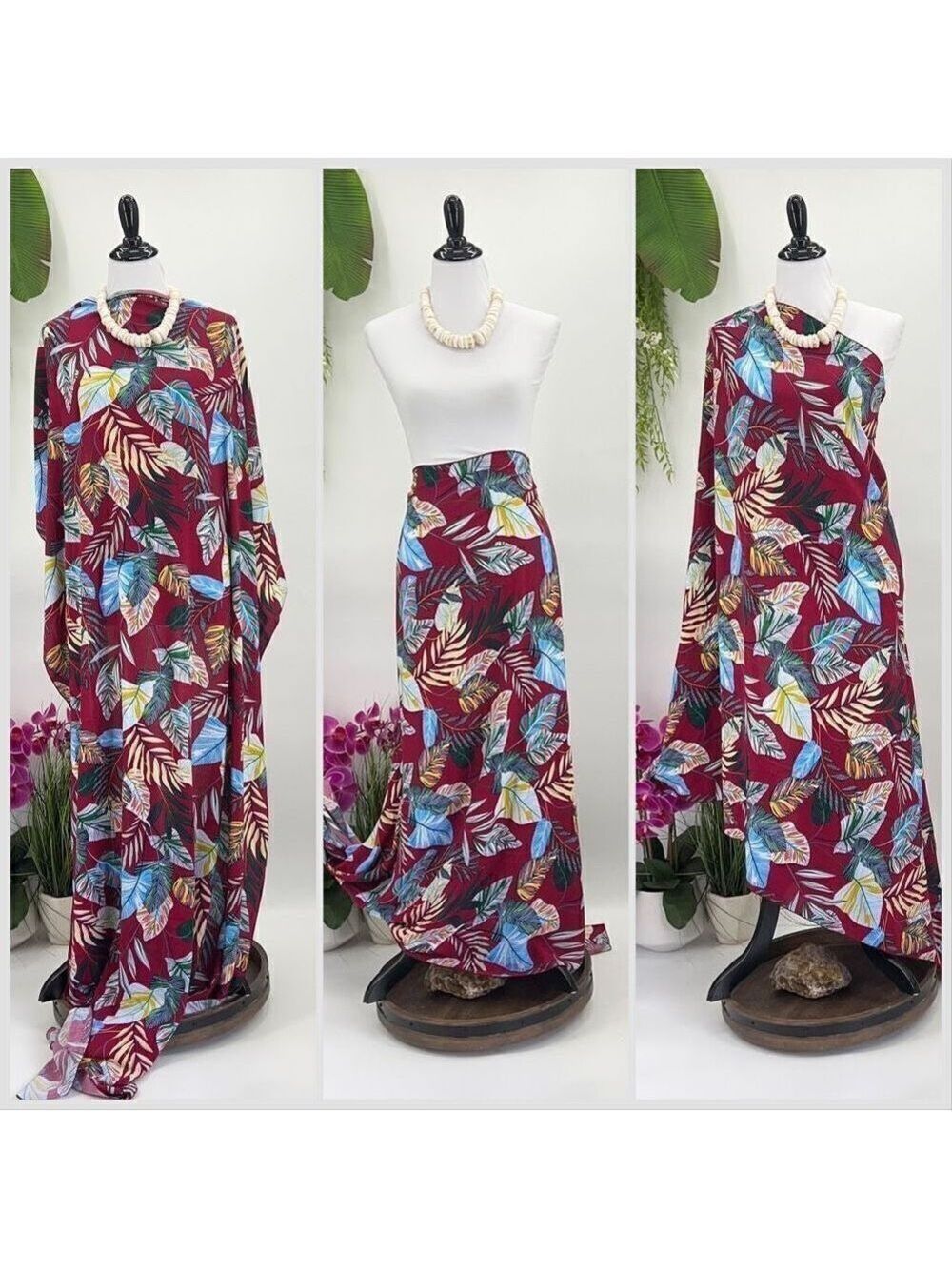 Red Blue Green Tropical Foliage MAXI SARONG Kīkepa Pareo Beach Wrap Skirt